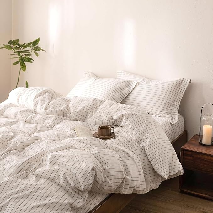Stripe Duvet Cover Super Queen Size 98inch x 90inch,100% Washed Cotton Linen Feel Duvet Cover with Zipper Closure and 2 Pillowcases, Color of Off White-Linen Grey Stripe
