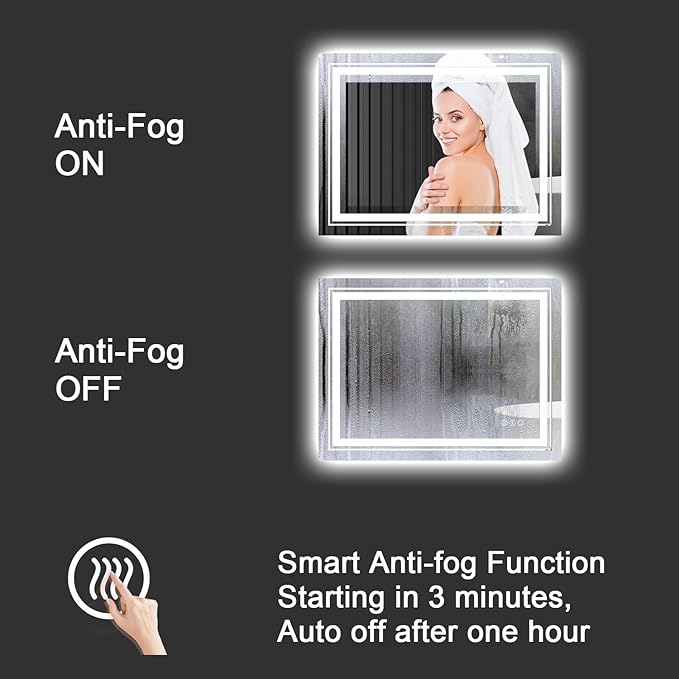 LED Bathroom Mirror, 55"X36" with Front and Backlit, Anti-Fog, Large Bathroom Vanity Mirror for Wall, Memory Function, Stepless Dimmable, Tempered Glass (Horizontal/Vertical)