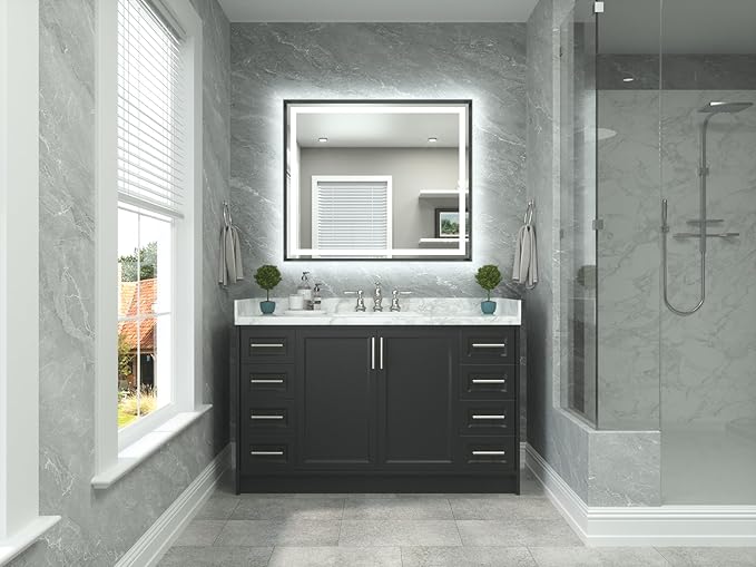 TETOTE 42 x 36 Bathroom LED Mirror Brushed Gunmetal Gray Frame Frontlit & Backlit Vanity Mirror Anti-Fog Stepless Dimmable 3 Colors White/Warm/Natural Wall-Mounted