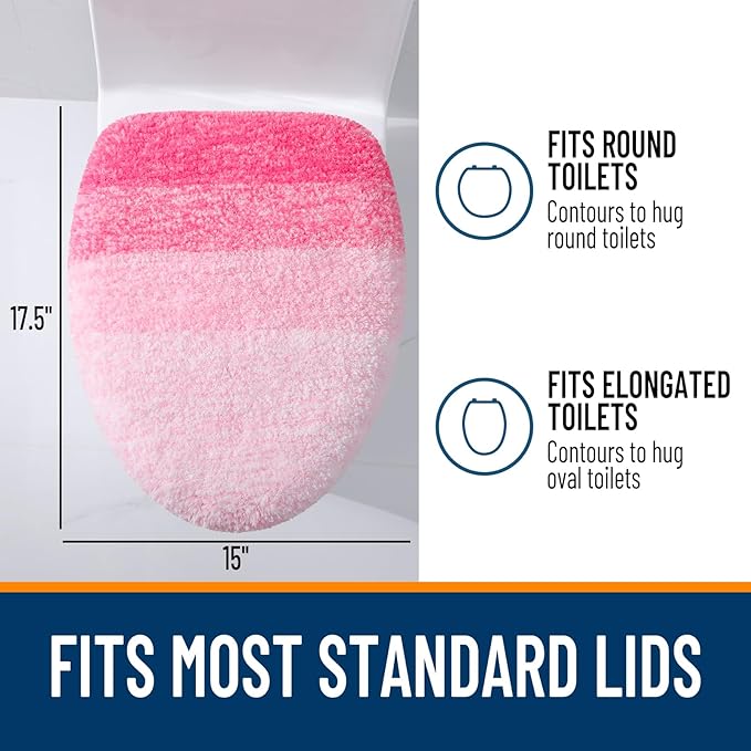 OLANLY Soft Microfiber Bathroom Toilet Lid Cover, Machine Washable Covers, 17.5x15, Stays in Place Rubber Backing, Fits Most Round, Elongated and Oblong Lids, Accessories Decor, Pink
