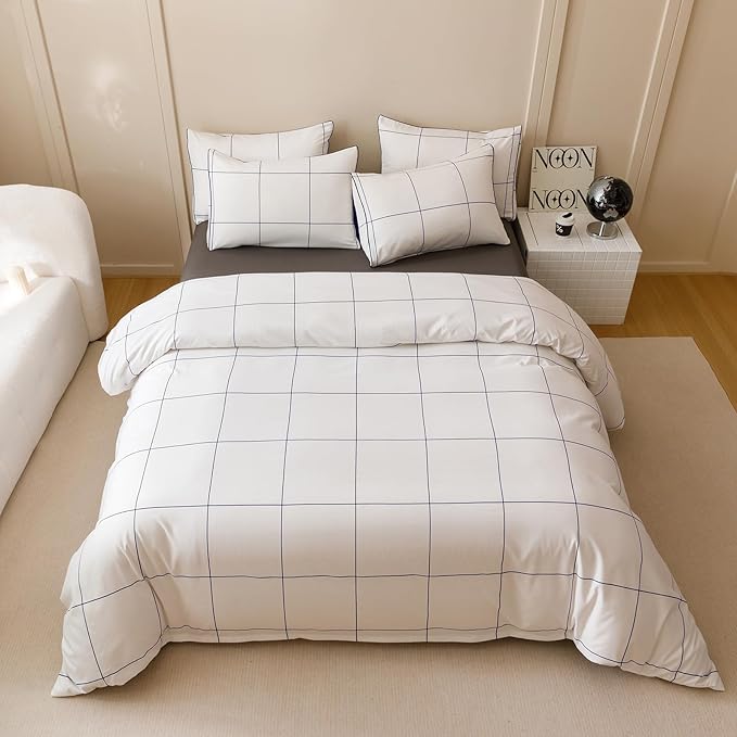 KAREVER White Grid Comforter Twin Boys Grils Navy Blue Square Lines Checkered Bedding Set Twin White Plaid Comforter Twin Size
