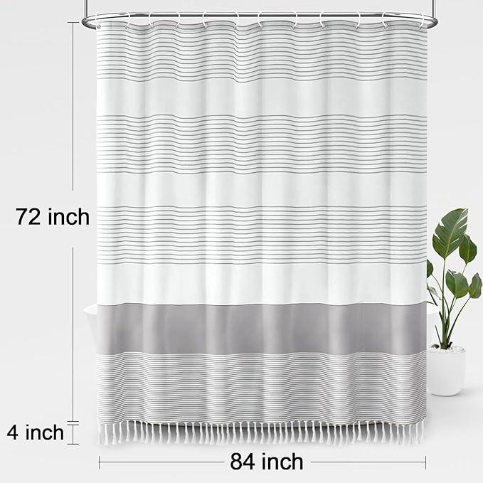 Awellife Boho Grey Shower Curtain for Bathroom Stripe Tassel Shower Curtain 84 X 72 Inches Farmhouse Cotton