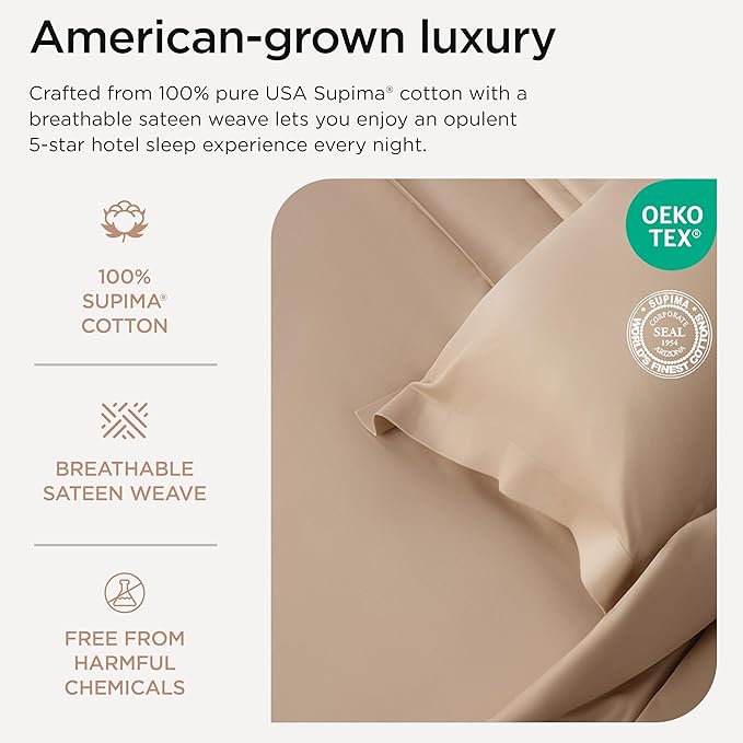 Threadmill American Supima King Size Sheets Set | 656 Thread Count 4 Piece Luxury Bed Sheets for King Size Mattress | 5 Star Hotel Quality Sheets with Elasticized Extra Deep Pocket | Beige Sheets