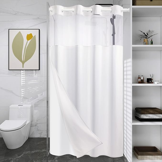 Stall No Hook Shower Curtain with Snap in Liner, Polyester Textured Shower Curtain with Liner Set, Waterproof Washable Hotel Style Shower Curtains for Bathroom, 36Wx74H, White