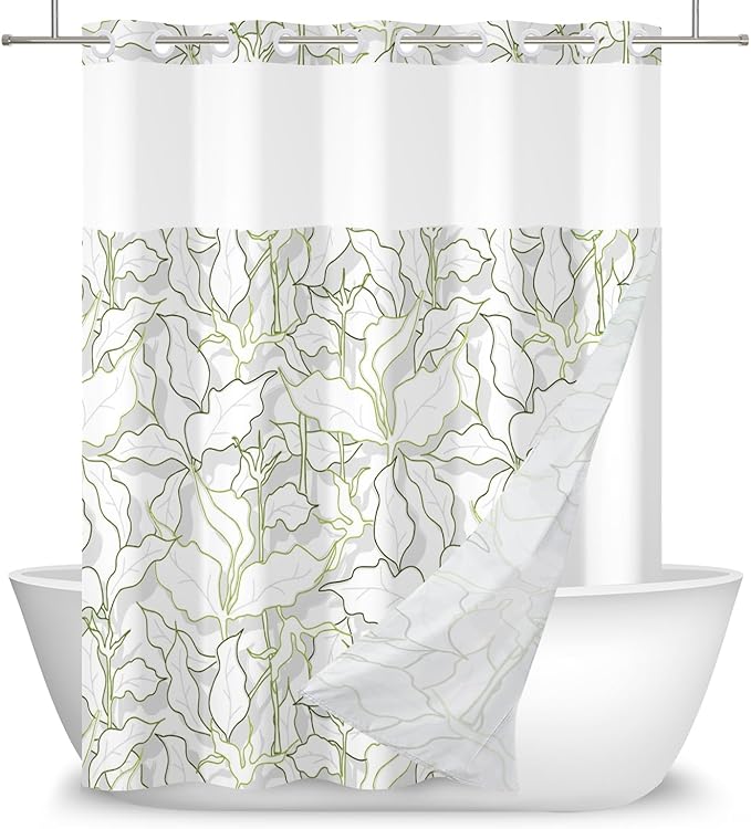 Leaves Shower Curtain No Hooks with Liner for Bathroom Decor,Green Leaves Line Shower Curtain with See Through Top Window,Modern Simple Art Hotel Style,Waterproof Washable,Easy to Install,71x74 Inch