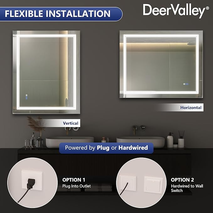 DeerValley LED Bathroom Mirror, 40" x 32" RGB Front and Backlit Wall Mounted Bathroom Vanity Mirror, Anti-Fog, 3 Colors Dimmable, Shatterproof, Tempered Glass, Memory Function (Horizontal/Vertical)