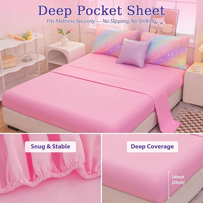 Rainbow Bedding Set Twin Size – 6-Piece Reversible Girls Comforter with Deep-Pocket Sheet, Gradient Galaxy Design, Whole-Piece Filling, Machine Washable Bed-in-a-Bag for Kids Room Makeover & Gifts