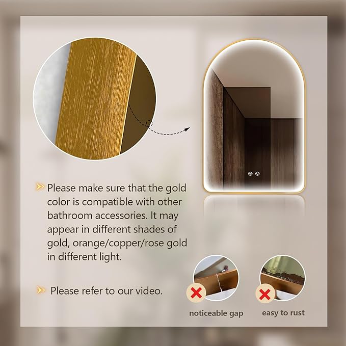 Niccy Arched LED Bathroom Mirror, 36"x24" Gold Framed Arch Wall Lighted Mirrors, Arching Frontlit Vanity-Mirror with Memory Function for Bathroom Bedroom, Defogger and 3 Color, Explosion-Proof