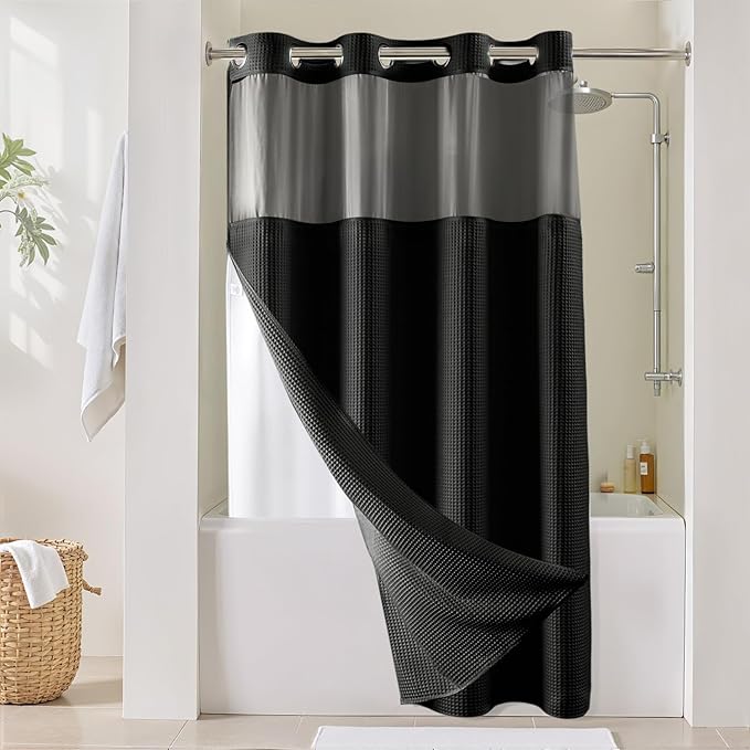 River Dream Black Fabric Shower Curtain Set, Cotton Blend, Waffle Weave, with Snap in Replacement Liner，54 x 80 inches