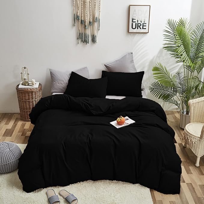 Cottonight Black Comforter Set Queen Men All Black Bedding Set Blanket Quilts Soft Breathable Pure Dark Color Lightweight Bedding Comforter Queen Size Adults Teens