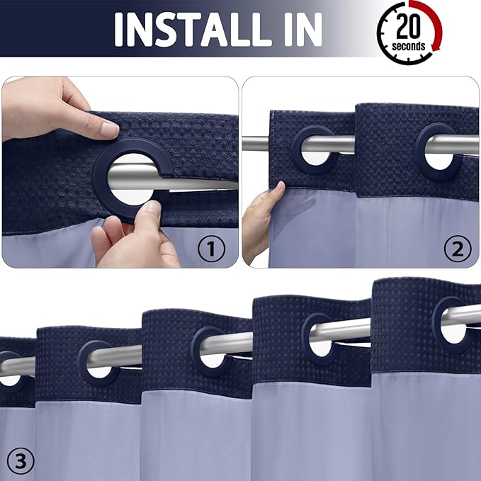 YellyHommy No Hook Shower Curtain with Snap in Liner Set Less Time Navy Blue Waffle Shower Curtain for Bathroom 81" L x 72" W