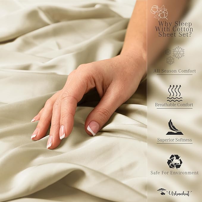 URBANHUT 1000 Thread Count Full Size Egyptian Cotton Bedsheets, Long Staple Soft & Breathable Sheets For Full Size Bedding, 4 Pc Bed Sheet Sets, Luxury Hotel Sateen Sheets Fits 16" Deep Pocket - Ivory