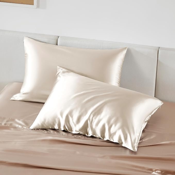Bedsure Satin Pillowcase with Zipper, Similar to Silk Pillow Cases 2 Pack, Silky & Soft Satin Pillow Case Standard Size for Hair and Skin, Christmas Room Decor Gifts for Women Men, Beige, 20x26 Inches