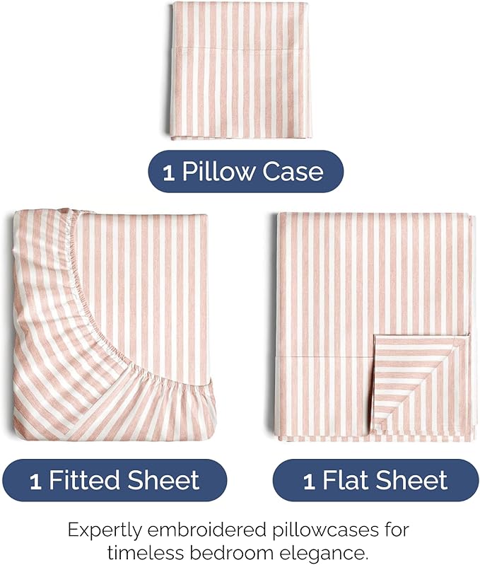 Blush Stripes Oeko-Tex Twin Size 3 Piece Sheet Set - Extra Soft, Breathable & Cooling Luxury Bed Sheets - Deep Pockets, Easy-Fit & Wrinkle-Free