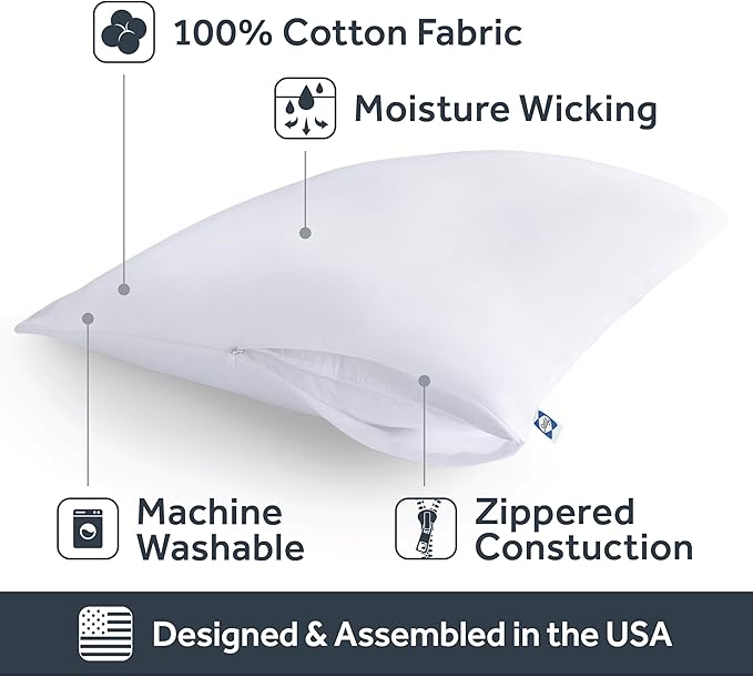 Sealy Performance 100% Cotton Breathable Moisture Wicking Fabric Machine Washable Zippered Pillow Protector, King Size, 2 Pack, White
