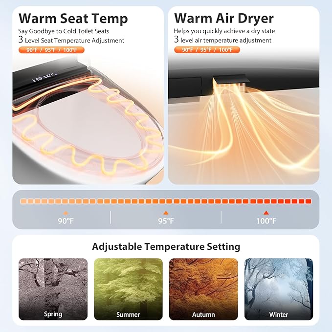 Electric Toilet Seat, Elongated Smart Heated Toilet Seat with Warm Water & Dryer, Feminine & Child Hip Wash, Wireless Remote, Self-Clean, Stainless Steel Nozzle, Adjustable Water Pressure