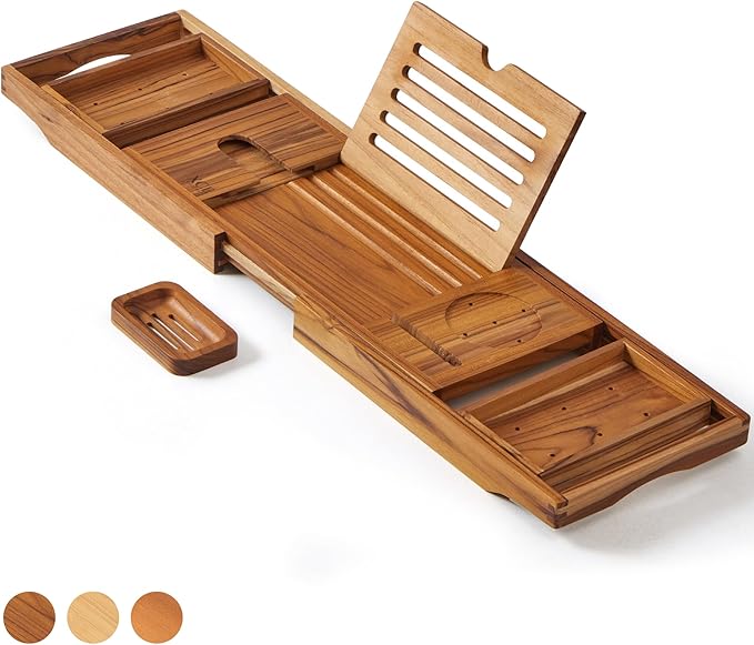 XcE Teak Bathtub Tray Expandable to 105cm with Solid Book Stand and Soap Tray, Teak