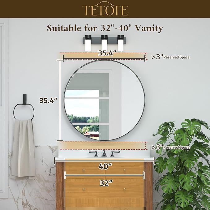 TETOTE Black Round Mirror, 36 Inch Matte Metal Framed Circle Bathroom Mirrors, Wall Mounted Modern Decorative Farmhouse Mirror for Vanity Entryway