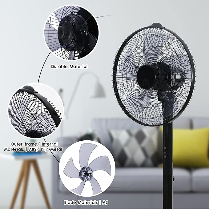 Simple Deluxe 16 Inches Stand Fan with Pedestal Base, Height Adjustable Pedestal Fan with Remote Control, Free Standing Fan with 90-Degree Oscillating 12-Speed Settings, Black