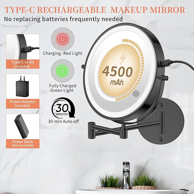 FUNTOUCH 9" 1X/30X Wall Mounted Lighted Makeup Mirror, 4500mAh Rechargeable Double Sided Magnifying Mirror with Light, 3 Color Lights,Touch Dimmable, 360 Rotation Extended Arm for Bathroom,Black