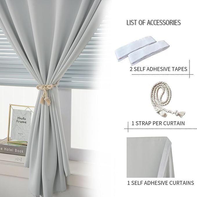 self Adhesive Curtains Portable Blackout Curtain Simple and Easy to Install Bedroom Window Thermal Lnsulated Kitchen Room Darkening Black Small Drapes, 59" W X 84" L, White, 1 Panel
