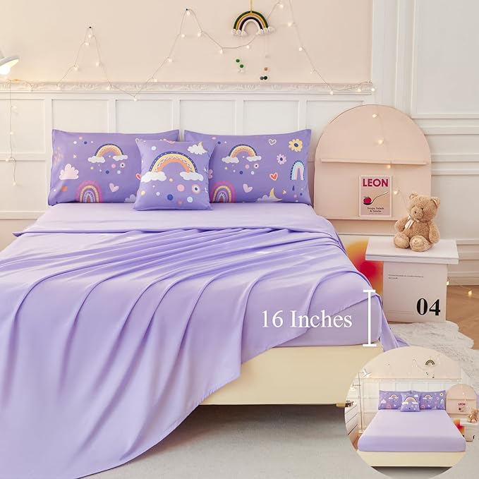 ANGIYUIN Purple Kids Full Size Bedding Set Colorfurl Rainbow and Clouds Girls Bed in A Bag with Sheets Cartoon Saleboat Stars Kid Bed Set for Girl Soft Microfiber Comforter Set, Purple, Full