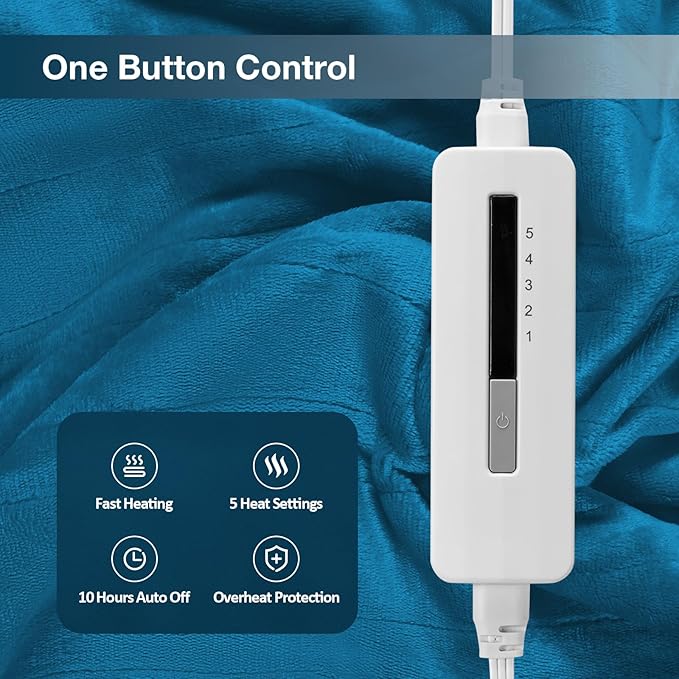 Electric Heated Blanket Full Size 72"x84", 5 Heating Levels & 10 Hours Auto Off Large Oversized, Machine Washable, Home Office Use, Blue