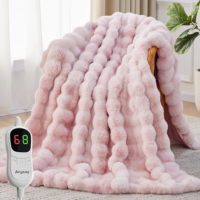 Heated Blanket Throw with 1/2/4/6/8 Hours Auto-Off 10 Heat Level, 72'' * 84'' Cozy Faux Rabbit Fur Bubble Electric Blanket with Overheat Protection(Tie-Dye Pink)