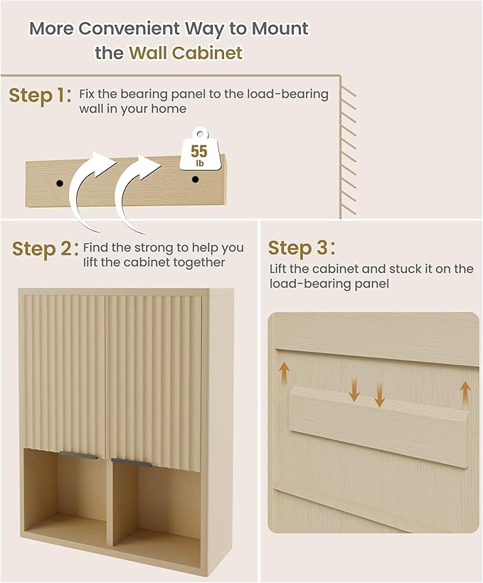 HAIOOU Fluted Bathroom Wall Cabinet with Motion Sensor Light, Curved Profile Wooden Medicine Cabinet Wall Mounted Cupboard, Wave Like Over Toilet Storage Cabinet with Buffering Hinges - Natural