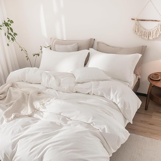 Off White Duvet King Size 100% Washed Cotton Bedding Set Cover 1 Duvet Cover Zipper Closure and 2 Pillowcases, 104inch x 90inch