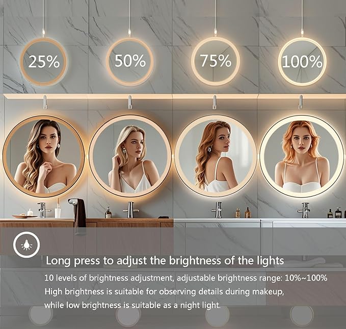24 Inch Wall-Mounted Round Bathroom Mirror with LED-Lights - Frame Vanity Mirrors (24" x 24", Black)