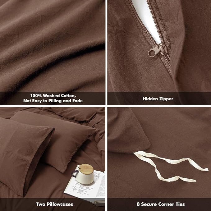 FOSSA Duvet Cover Set 100% Washed Cotton Linen Feel Super Soft Breathable Cozy Simple Style 3 Pieces Bedding Sets Solid Cocoa Brown Super King Plus