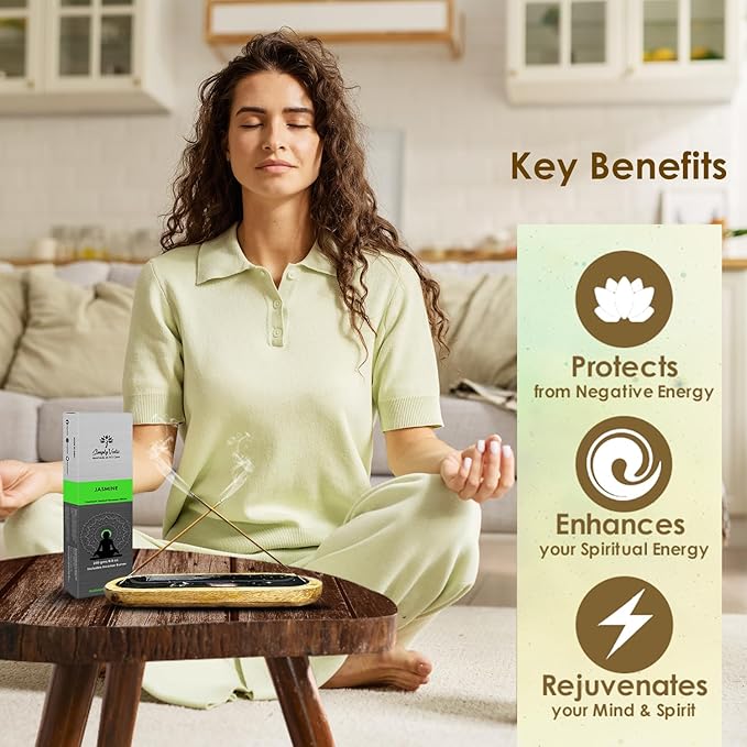 Simply Vedic Jasmine Incense Sticks – 250g Pack (Approx. 135 Handmade Sticks + Incense Holder) | 45-Minute Burn | Natural Essential Oils for Meditation, Yoga, Aromatherapy & Spiritual Use