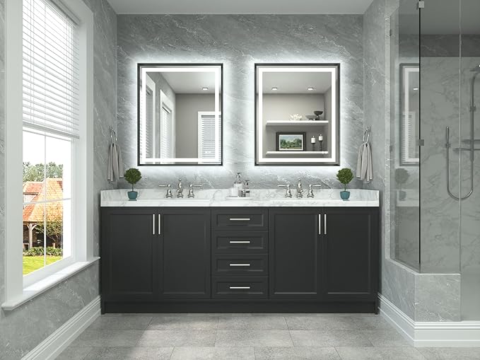 TETOTE 30 x 36 Bathroom LED Mirror Brushed Gunmetal Gray Frame Frontlit & Backlit Vanity Mirror Anti-Fog Stepless Dimmable 3 Colors White/Warm/Natural Wall-Mounted