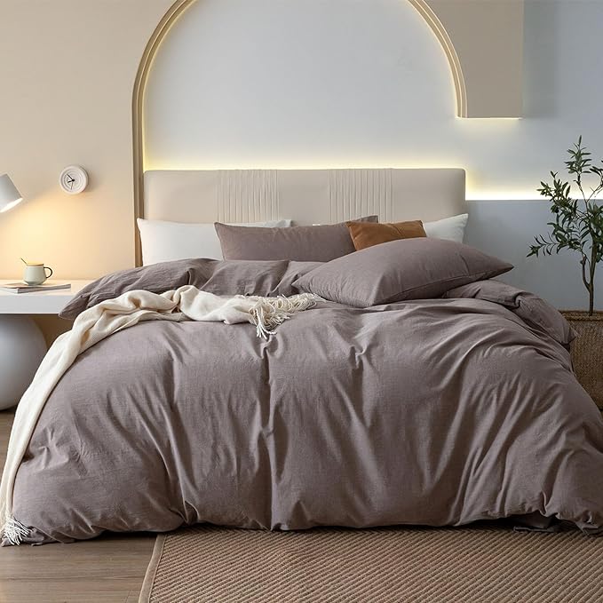 JIYUAN 100% Washed Cotton Duvet Cover Set 3 Pieces Cal King, 1 Duvet Cover 104x98 Inches(Comforter Not Included) and 2 Pillowcases,Linen Feel Bedding Set Comfy and Breathable, Heathered Mauve Brown