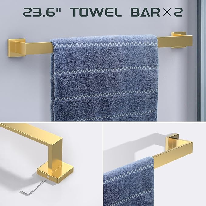 7 Piece Gold Bathroom Hardware Set with Brushed Gold Bathroom Accessories - Square 2 Towel Bars Towel Rack Stainless Steel 23-Inch