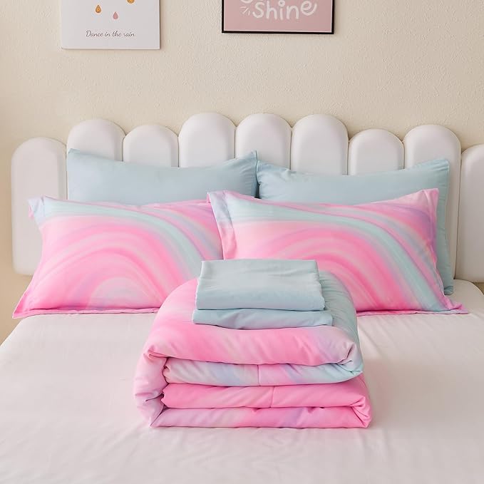 Wajade Girls Pink Comforter Set Bed in A Bag Queen Size 7 Piece 3D Colorful Tie Dye Pink Rainbow Bedding Set for Teens Girls (1 Comforter, 1 Flat Sheet, 1 Fitted Sheet, 2 Pillowcase and 2 Pillow Sham)