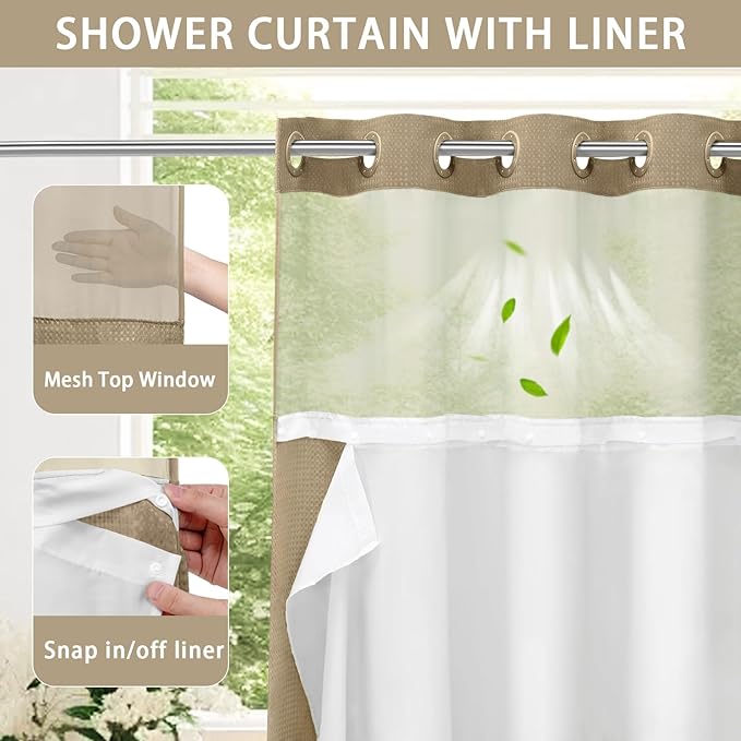 YellyHommy No Hook Shower Curtain with Snap in Liner Set Less Time Waffle Shower Curtain for Bathroom (Beige, 87" L x 72" W)
