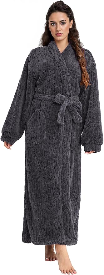 Artfasion Womens Long Fleece Robe - Warm Soft Floor Length Flannel Bathrobes for Winter Thicker Long House Coat with Pockets