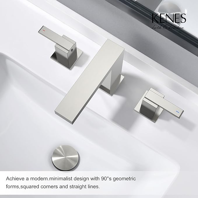 KENES Brushed Nickel Widespread Bathroom Faucet 2 Handle Bathroom Sink Faucet 3 Hole, 8-Inch 3 Pieces Vanity Faucet with Pop Up Drain & Supply Lines, KE-9050-P