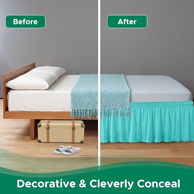 Biscaynebay Wrap Around Bed Skirts for Queen Beds 17" Long Drop, Aqua Adjustable Elastic Dust Ruffles Easy Fit Wrinkle Resistant Silky Luxurious Fabric Machine Washable