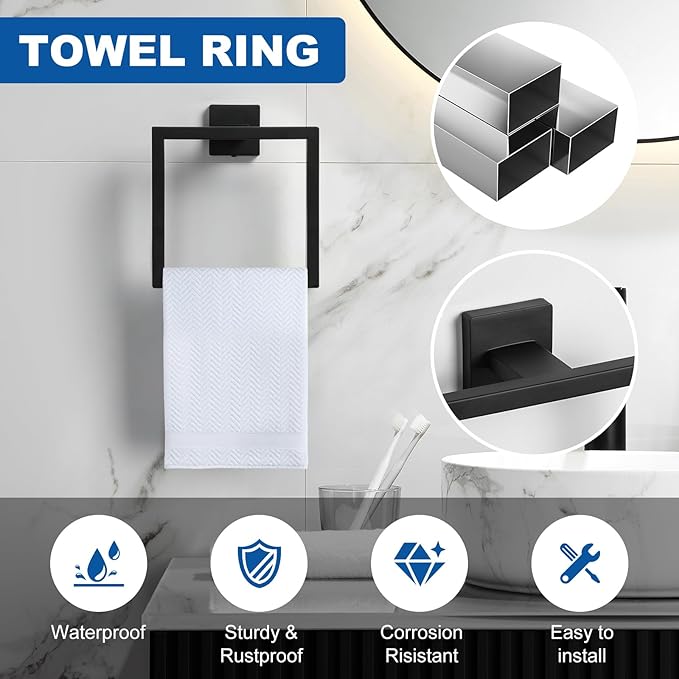 Cilee 10-Pieces Bathroom Hardware Set - Matte Black Bathroom Accessories, 24 Inch Towel Bar, Square Towel Ring, Toilet Paper Holder, Towel Hook, Wall-Mounted Stainless Steel Towel Bar Rack Set