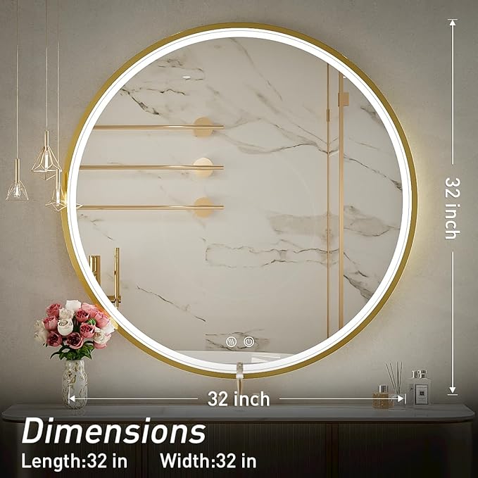 32" Round LED Bathroom Mirror, Dimmable Anti-Fog Vanity Mirror with Touch Control, 6000K Natural Light, Gold Metal Frame, Wall Mounted for Makeup Shaving (IP54, 90+ CRI)