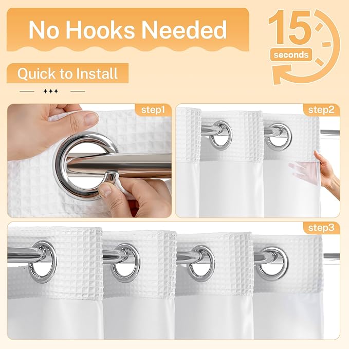 River Dream Extra Long Shower Curtain Set, Cotton Blend, Waffle Weave, with Snap in Replacement Liner, White, 71 x 86 inches