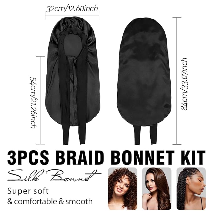 3Pcs Bonnets for Black Women Braid Bonnet, Large Long Satin Bonnet for Braids, Black Women Satin Silk Bonnet with Stretchy Tie Band Sleep Bonnet Cap for Long Curly Hair (Black & Black Pattern & Pink)