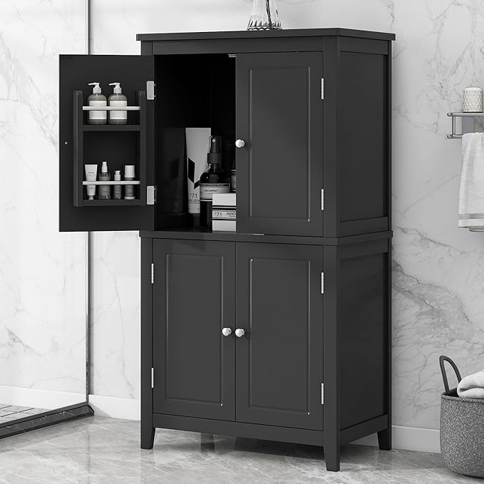 Freestanding Storage Cabinet with 4 Doors,Elegant Organizer Unit with Adjustable Shelves, Sturdy MDF Frame, Anti-Tipping Design, Large Capacity for Bathroom, Kitchen, Office, Home, Black