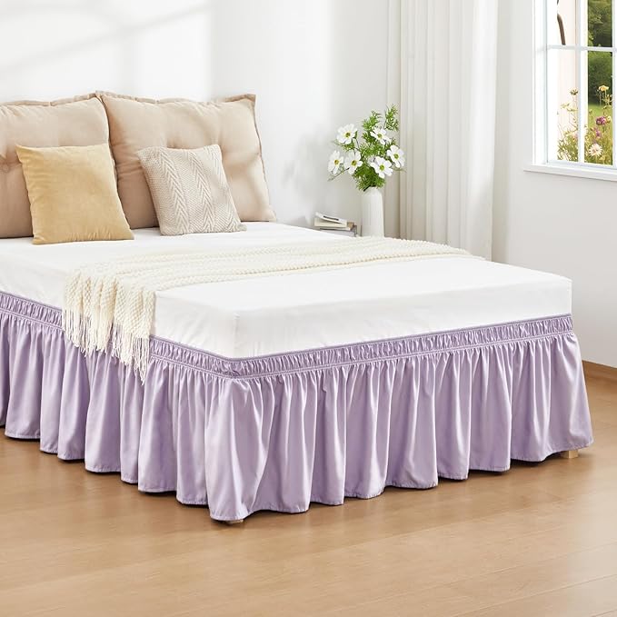 RIMELA Lavender Purple Bed Skirt King Size 18 Inch Drop, Wrap Around Elastic Bedskirt, Dust Ruffle for Adjustable Bed Base Machine Washable Easy to Install Bed Skirts