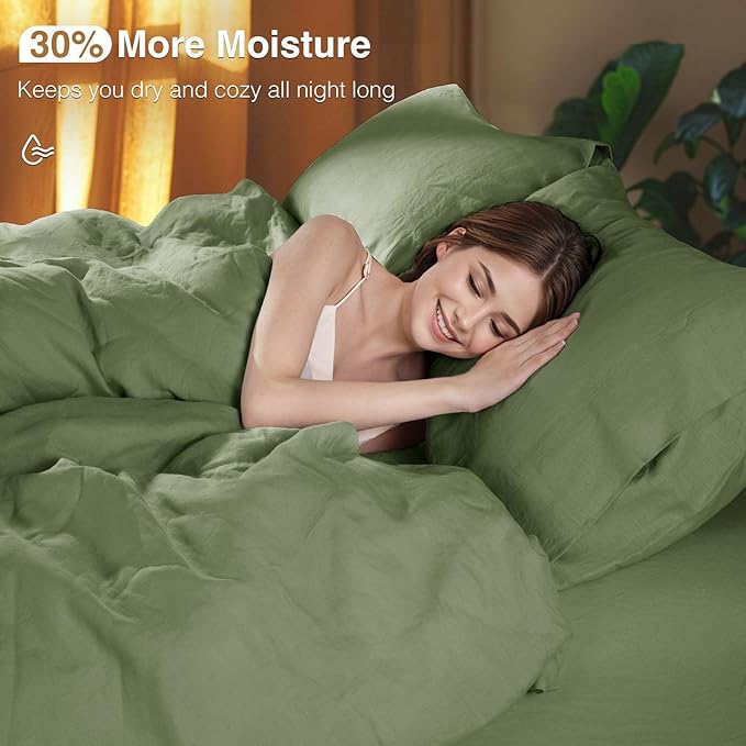 SONORO KATE 100% French Linen Duvet Cover Queen Size, Soft Breathable for Hot Sleepers, Moisture Wicking & Durable Cover Set - Zipper Closure & 4 Corner Ties Duvet Covers 3 Piece (Olive Green,Queen)
