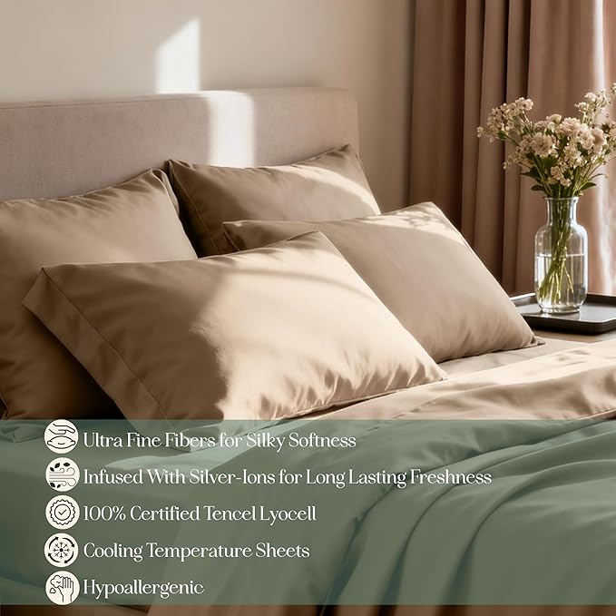 CASILVA Eucalyptus Sheets - Infused with Silver for Anti-Odor, Softer Than Silk Fibers, More Cooling Than Cotton - Perfect for Hot Sleepers & Sensitive Skin - 100% Tencel Lyocell - King Sheet Set