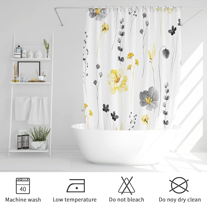 Gibelle Long Shower Curtain 72 x 78, Watercolor Floral Fabric Shower Curtain, Yellow Grey Flower Decorative Bathroom Shower Curtain Set with Hooks